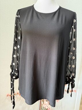 CeCe Black Top with Sheer Floral 3/4 Long Sleeves